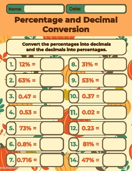 Preview of Pumpkin decimals to percentages and percentages into decimals
