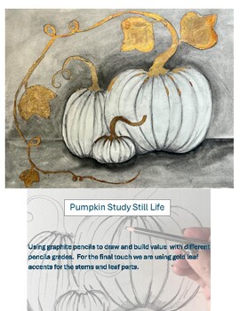 Preview of Pumpkin study, still life pumpkin drawing, graphite pencil drawing, gold leaf