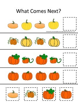 Preview of Pumpkin themed What Comes Next preschool learning activity.  Educational game.