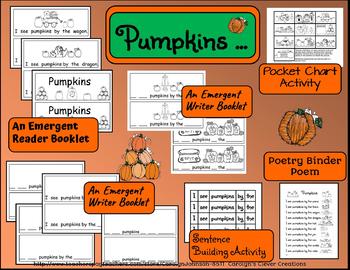 Preview of Pumpkins- An Emergent Reader and Writer Booklet, Pocket Chart Activity and Poem