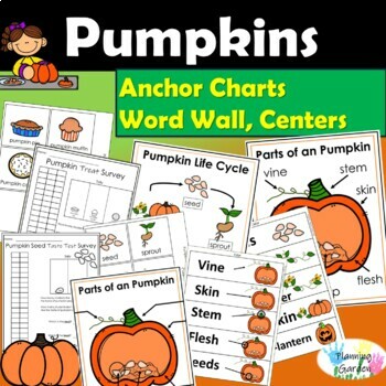 Preview of Pumpkins: Life Cycle, Parts, Anchor Charts, Word Wall + Surveys {Pumpkin}