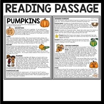 Pumpkins Overview Reading Comprehension Worksheet by Teaching to the Middle
