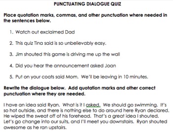 Preview of Punctuating Dialogue Quiz (Using Quotation Marks Correctly)
