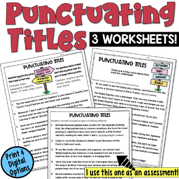Preview of Punctuating Titles Worksheets Practice in Print and Digital