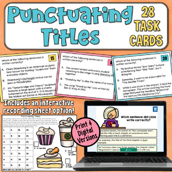 Preview of Punctuating Titles Task Cards: Practice Italics, Underlines, & Quotation Marks