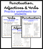 Punctuation, Adjectives and Verbs Worksheets for Grades 1-