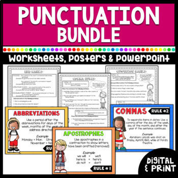 Preview of Punctuation Worksheets, Posters, & PowerPoint Bundle | Print & Google Classroom