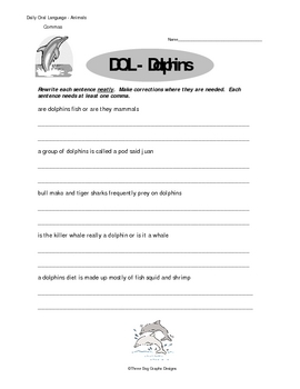 Preview of Punctuation Capitalization DOL Writing Worksheets Dolphins Giraffes