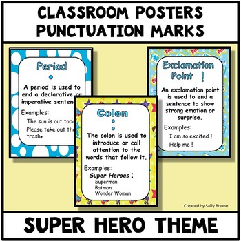Preview of Punctuation Marks Super Hero Theme Anchor Charts Posters