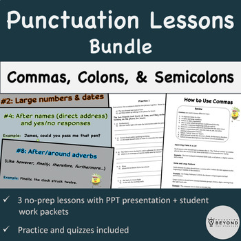Preview of Punctuation Lessons BUNDLE - Commas Colons Semicolons - PPT Worksheets Quizzes