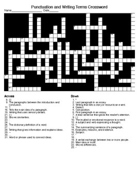 Preview of Punctuation, Parts of Speech, and Writing Terms, Crossword & Word Search