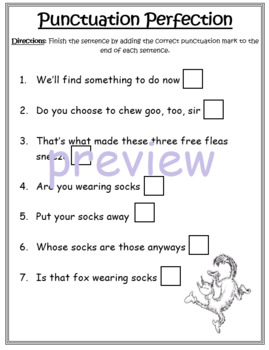 Preview of Punctuation Practice | Fox in Sox themed | Dr. Seuss grammar activity