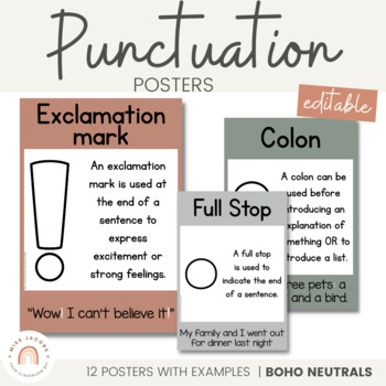 Preview of Punctuation Posters | Boho Color Palette | Editable Neutral Classroom Decor