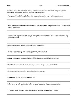 Preview of Punctuation Worksheet or Test with Answer Key