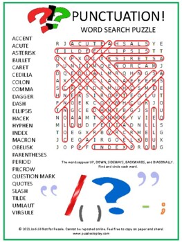 punctuation parts of speech and writing terms word search answers