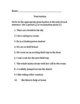 Preview of Punctuation Worksheet: Periods and Exclamation Points