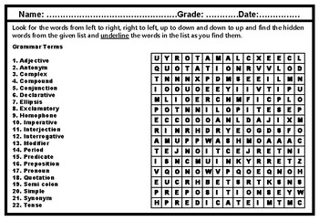 Preview of Punctuation and Grammar Terms Word Search Worksheet, No Prep Sub Plan