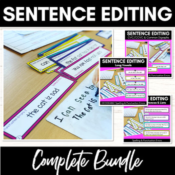 Preview of SENTENCE EDITING TASK CARDS - Decodable Sentences Editing Bundle