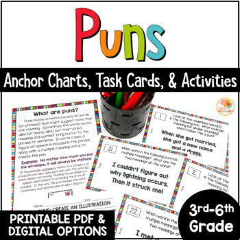 Preview of Puns Activities: Anchor Charts, Task Cards, and Worksheets Lesson