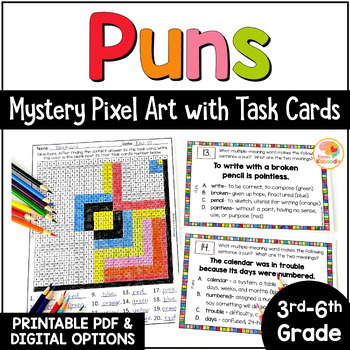 Preview of Puns Color by Number Pixel Art Task Cards Activity w/ Printable & Digital Option