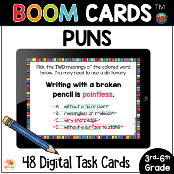 Preview of Puns BOOM CARDS™ Task Cards Figurative Language Activities Digital Resource