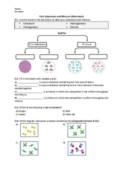 Preview of Pure Substances and Mixtures - Worksheet | Easel Activity & Printable PDF