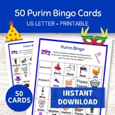 Purim Bingo Cards, 50 Printable Bingo Cards, Jewish Holida