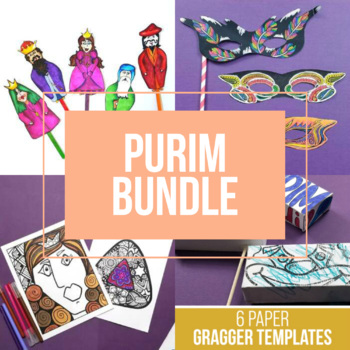 Purim Coloring Crafts Bundle Purim Masks Graggers and Puppets Paper Craft  Templates Printable Activities for Kids 