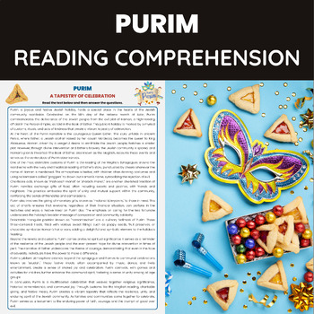 Preview of Purim Informational Text Reading Comprehension Worksheet  Jewish Holidays