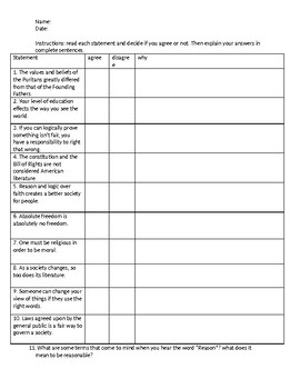 Puritan and Age of Reason Anticipation guide by Sam Kealhofer | TPT