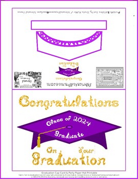 Preview of Purple Graduation Cap Party Hat / Card Gold White Graduate Class 2024 Printable