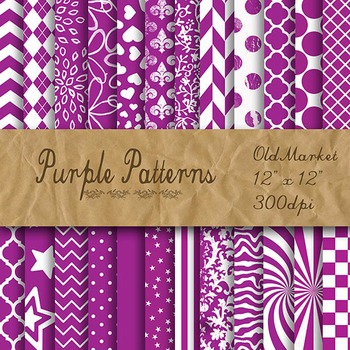 Purple Pattern Designs - Digital Paper Pack - 24 Different Papers - 12 x 12