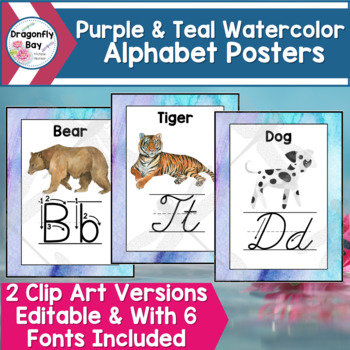 Preview of Purple and Teal Alphabet Posters for Classroom Decor Back to School EDITABLE