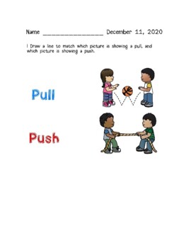 Preview of Push and Pull Matching Worksheet KINDERGARTEN SCIENCE FORCES AND MOTION