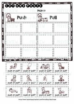Push and Pull Sorts | Cut and Paste Worksheet by Busy Bee Studio