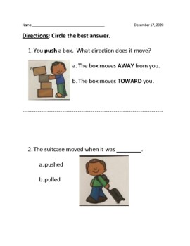 Preview of Push and Pulls - Forces and Motions Assessment Worksheet Kindergarten