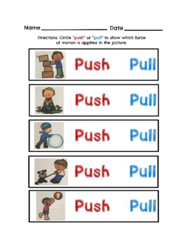 Preview of Push or Pull Worksheet Kindergarten forces and motion unit