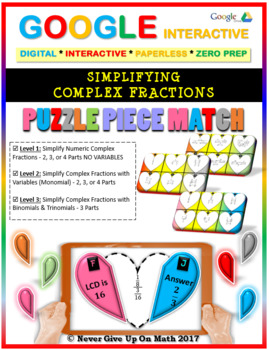 Preview of Puzzle Simplify Complex Fractions {3 LEVELS} (Google & Hard Copy) Distance Learn