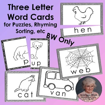 3 Letter Picture Word Cards BW Only for Puzzles, Word Walls, Sort, Rhyme, Match
