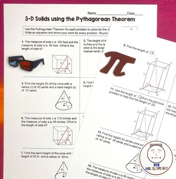 Pythagorean Theorem 3D Solids PDF Worksheet Geometry 8.G.B.7 Go Math 3-D