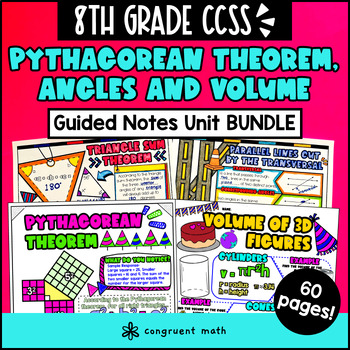 Preview of Pythagorean Theorem, Angles and Volume Guided Notes Unit Bundle | 8th Grade CCSS