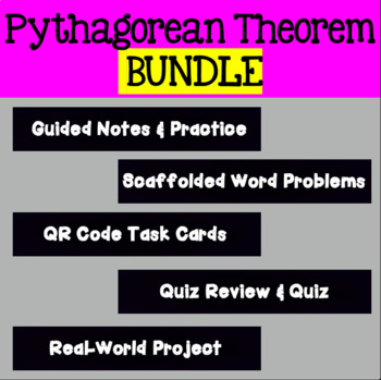 Preview of Pythagorean Theorem Bundle - Notes, Word Problems, QR Task Cards, Quiz, Project