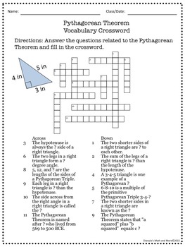 8th Grade Math Pythagorean Theorem Vocabulary Crossword | TpT