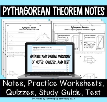 Preview of Pythagorean Theorem Unit: Notes, Practice Worksheets, and Assessments