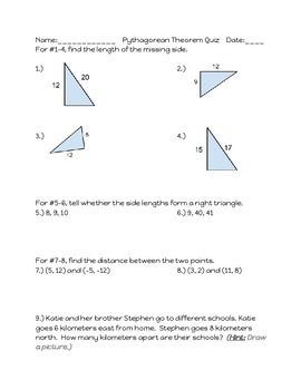 Preview of Pythagorean Theorem Quiz