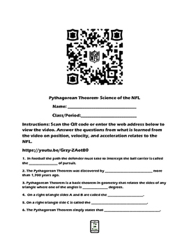 Preview of Pythagorean Theorem-Science of the NFL QR Code Video Worksheet
