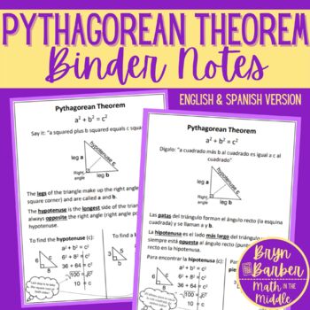Preview of Pythagorean Theorem Simplified Notes - English and Spanish