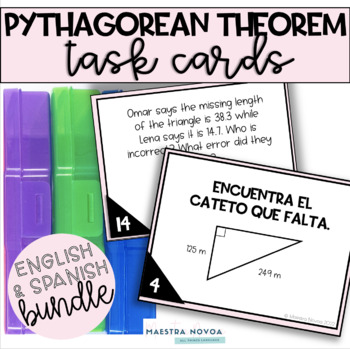 Preview of Pythagorean Theorem Task Cards Spanish & English Bundle