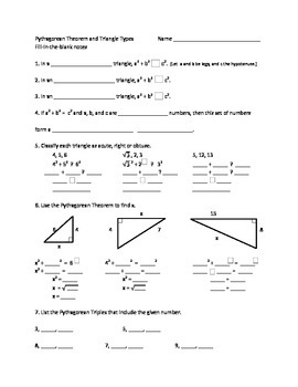 Preview of Pythagorean Theorem and Triangle Types - Fill in the blank notes