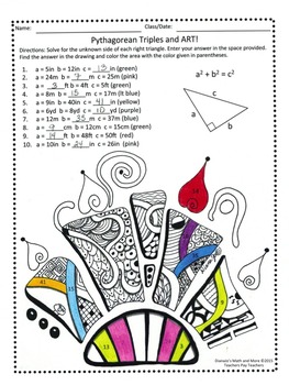 8th Grade Math Pythagorean Triples and Art Worksheet by DianaJo's Math